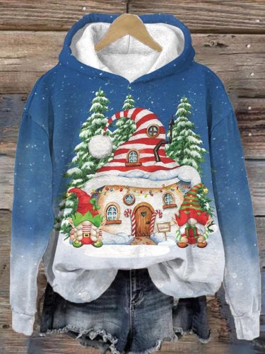 Women's Snowing Gnome House Print Hoodie