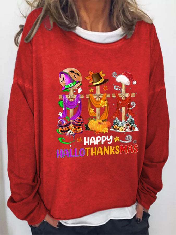 Women's Happy Hallothankmas Print Long Sleeve Sweatshirt