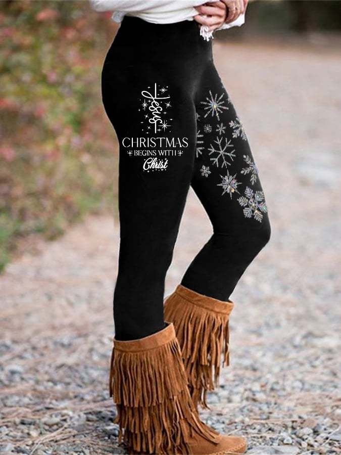 Women's Christmas Begins With Jesus Print Yoga Leggings