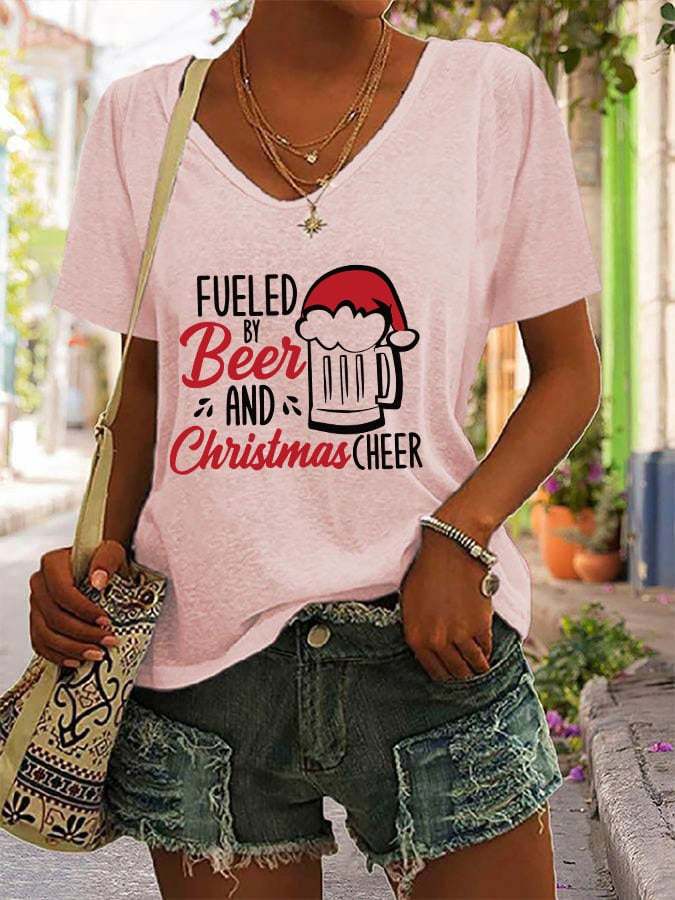 Women's fueled by beer and christmas cheer V-neck T-shirt