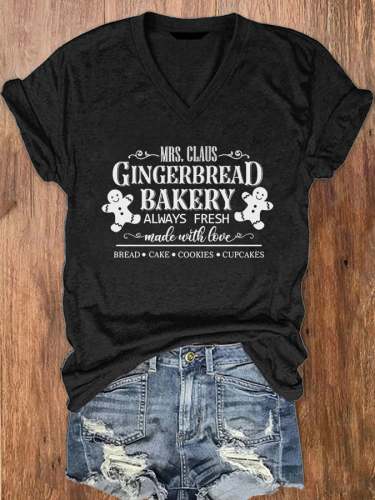 Women's Mrs Claus Gingerbread Bakery Christmas Cookies Print V-Neck T-Shirt