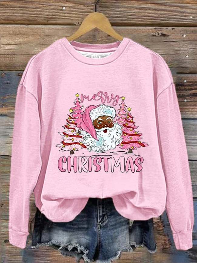 Women's Pink Christmas Tree Santa Claus Print Christmas Casual Sweatshirt