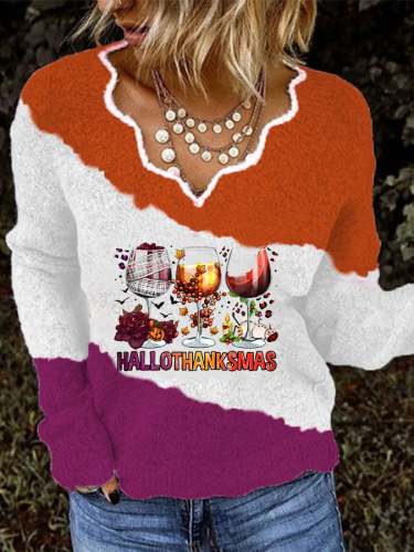 Women's Hallothanksmas Wine Glasses Print Top