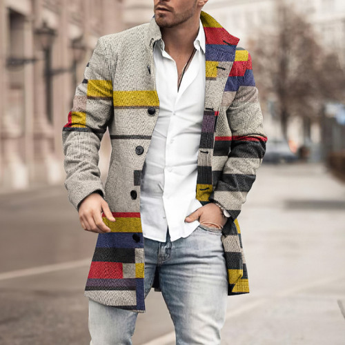 Lapel Simple Striped Colorblock Wool Coat