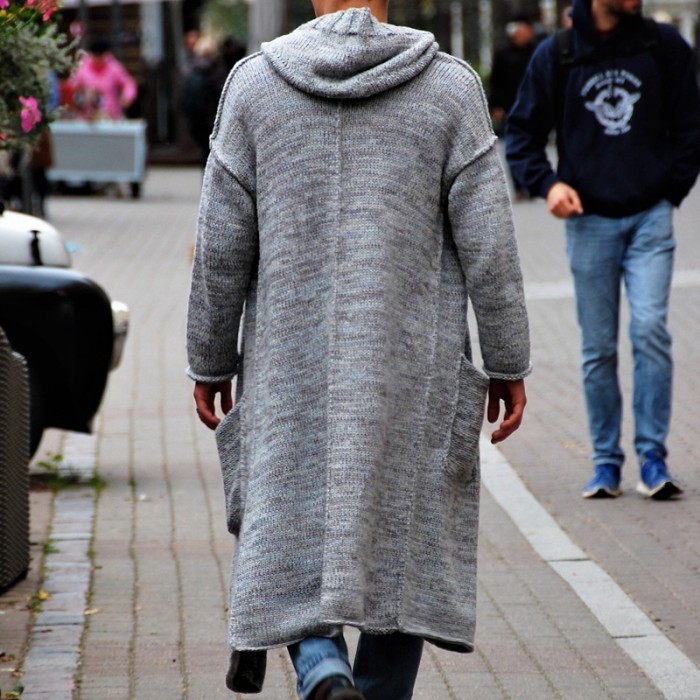 Casual Gray Knitted Sweater Hooded Coat