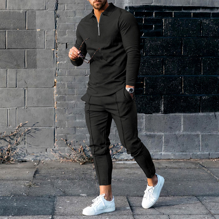 Casual Black Polo Shirt And Pants Two Piece Set