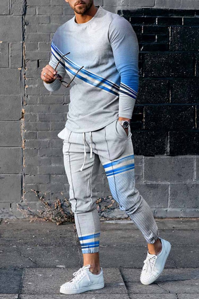 Fashion Blue Line Gradient Long Sleeve T-Shirt And Pants Co-Ord