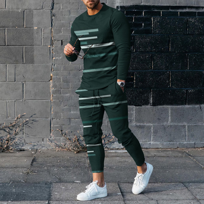 Men's Geometric Lines Casual Long Sleeve T-Shirt And Pants Co-Ord