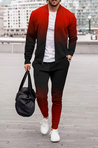 Black Red Gradient Jacket And Pants Two Piece Set