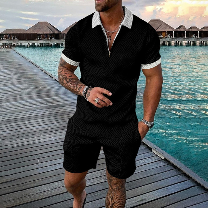 Men'S Colorblock Casual Short Sleeve Polo Shirt Set