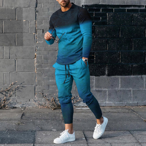 Men's Gradient Color Blocking Long Sleeve  T-Shirt And Pants Co-Ord