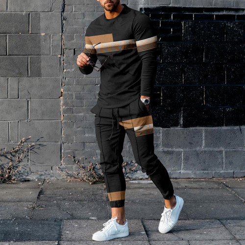 Khaki Stripes Contrast Casual Black T-Shirt And Pants Co-Ord