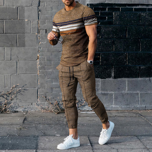Casual Khaki Stripe Contrast Color Short Sleeve T-Shirt And Pants Co-Ord