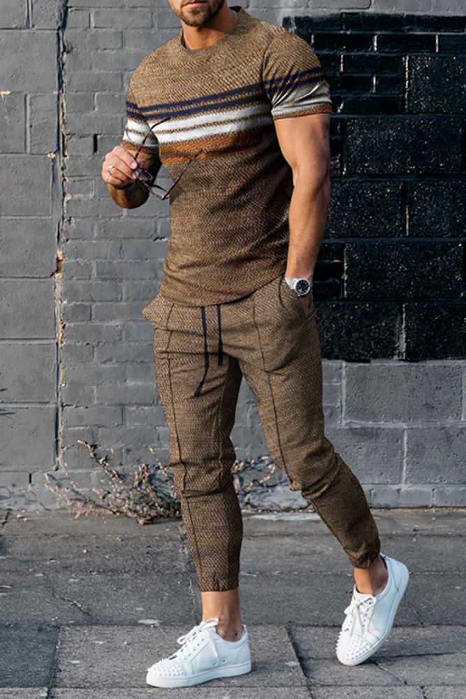 Casual Khaki Stripe Contrast Color Short Sleeve T-Shirt And Pants Co-Ord