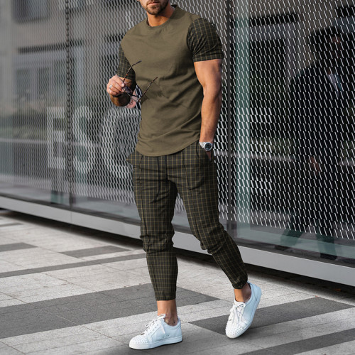 Fashion Men's Fine Plaid Splicing Short Sleeve T-Shirt And Pants Co-Ord