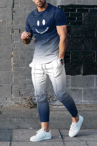 Blue And White Gradient Sports T-Shirt And Pants Two-Piece Set