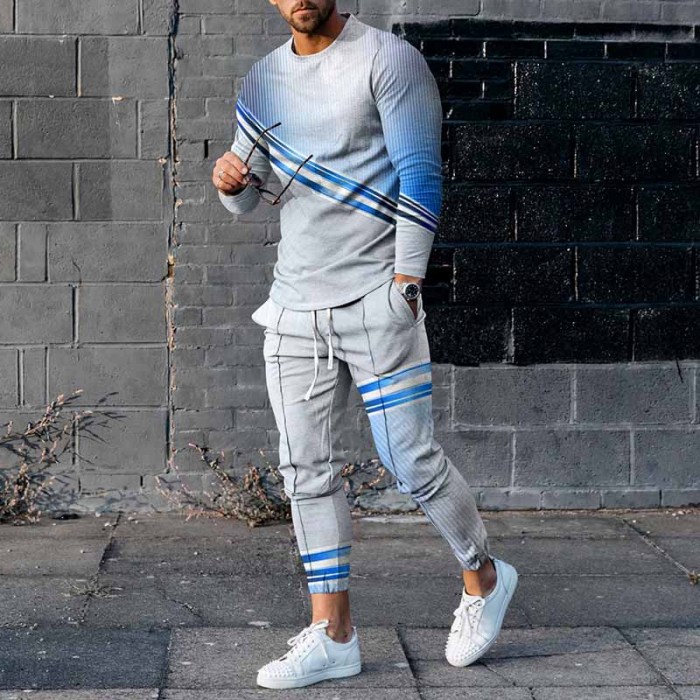Fashion Blue Line Gradient Long Sleeve T-Shirt And Pants Co-Ord