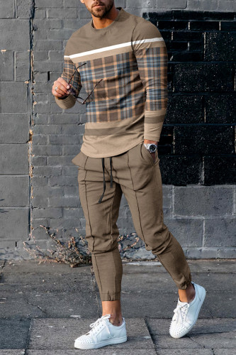 Stylish Khaki Stitching Plaid Long Sleeve T-Shirt And Pants Co-Ord