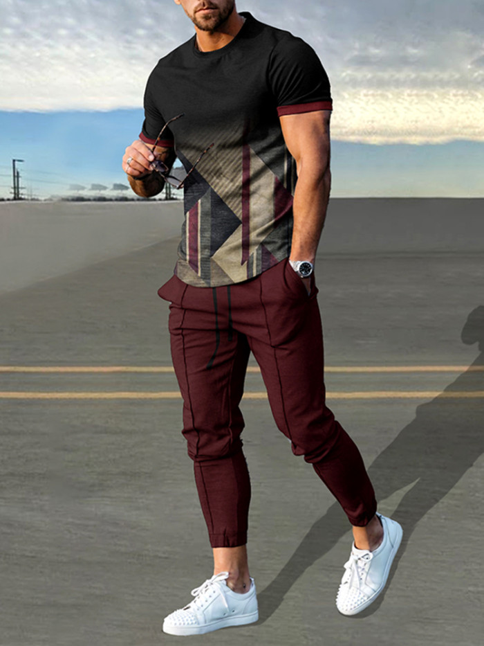 Trendy Gradient Geometry Print T-Shirt And Pants Co-Ord