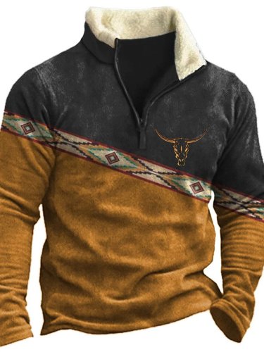 Men's Western Vintage Ethnic Longhorn Fur Collar Sweatshirt
