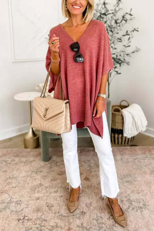 Last Sale 54% Off-Chicest V Neck Loose Fit Solid Poncho Sweater