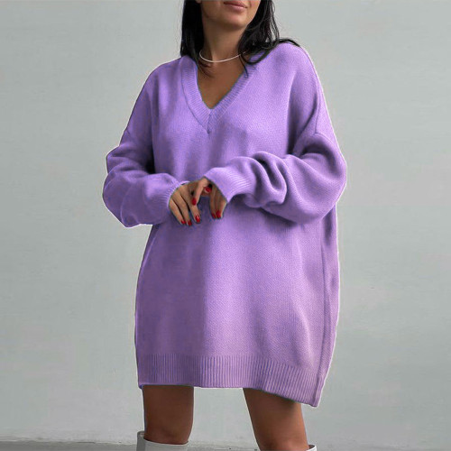 Solid Color V-neck Long-sleeve Knitted Sweater Dress
