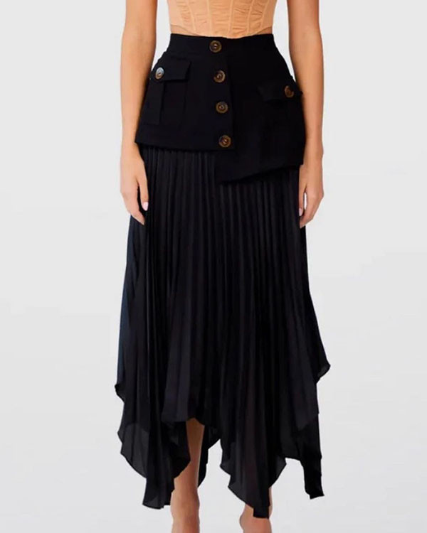 Irregular-paneled Pleated Multi-button Pocket Maxi Skirt