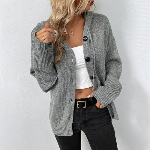 Solid Color Hoodie Knit Cardigan