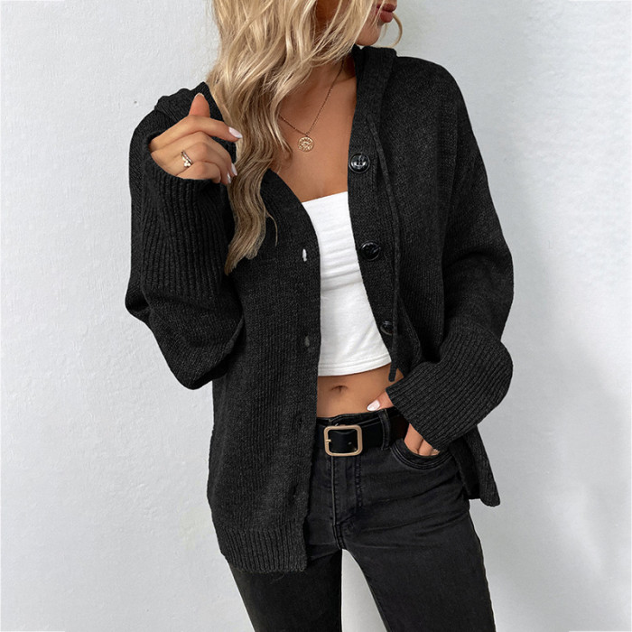 Solid Color Hoodie Knit Cardigan