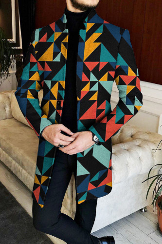 Men's Casual Geometric Print Stand Collar Mid-length Coat