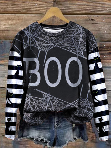 Halloween Boo Cat Contrast Crew Neck Sweatshirt