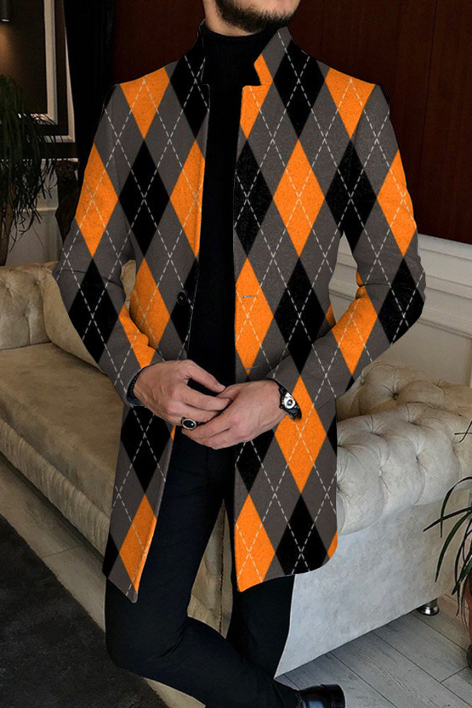 Men's Retro Plaid Stand Collar Mid-length Coat