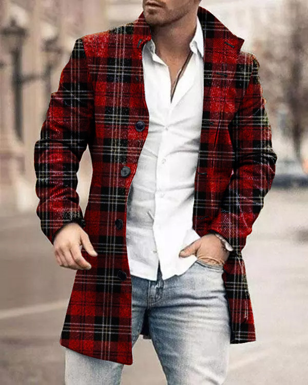 Men's Retro Plaid Stand Collar Coat
