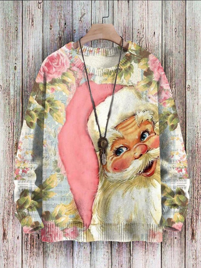 Retro Pink Santa Claus Round Neck Pit Strip Knitted Sweatshirt