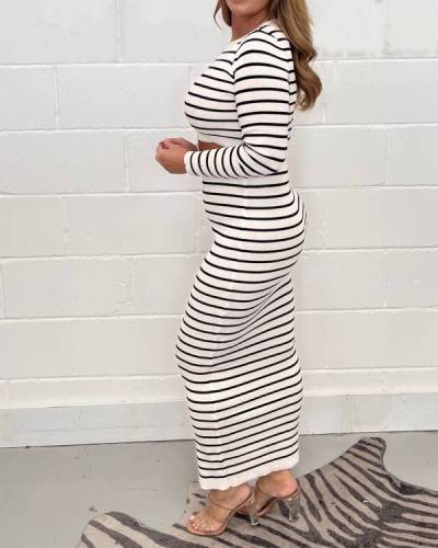 Halloween Sale 54% Off⭐⭐-White and Black Stripe Knitted Crop Top and Maxi Skirt