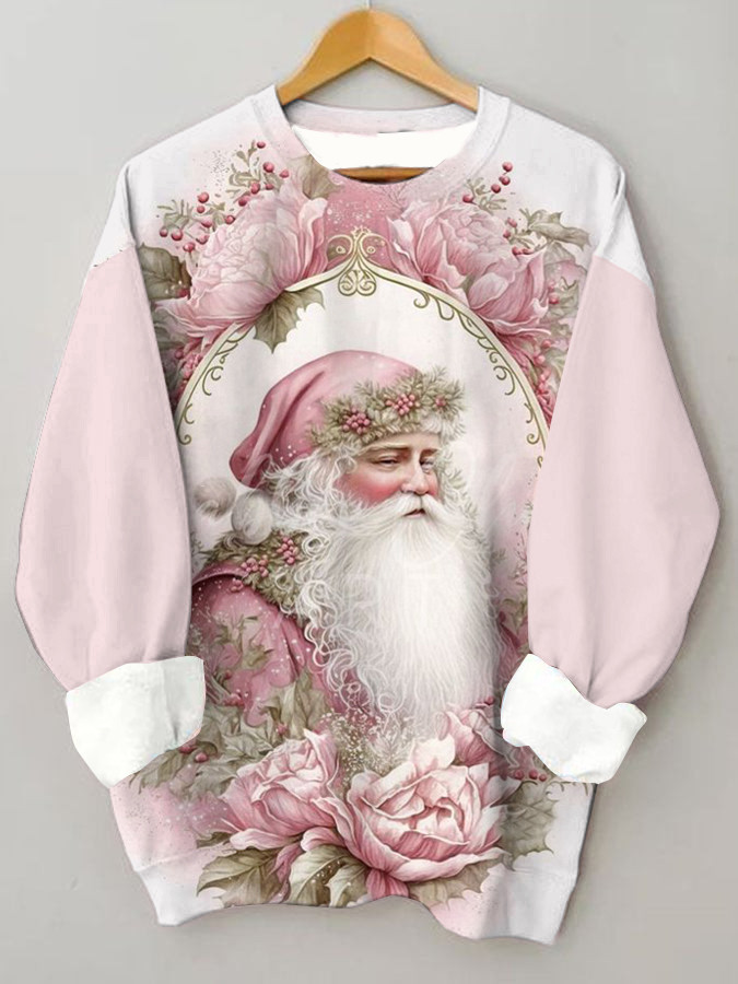 Vintage Pink Floral Santa Crew Neck Casual Warm Sweatshirt