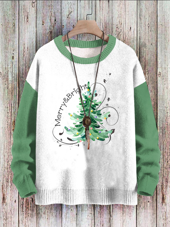 Merry Bright Christmas Tree Round Neck Pit Striped Knitted Sweatshirt