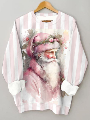 Pink Striped Santa Claus Round Neck Casual Warm Sweatshirt