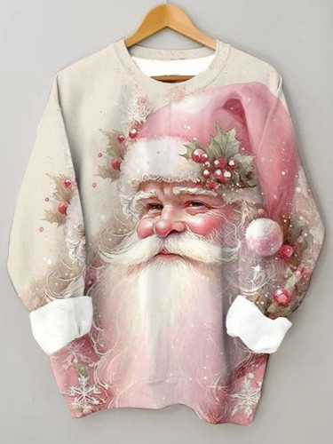 Retro Christmas Pink Santa Crew Neck Warm Sweatshirt