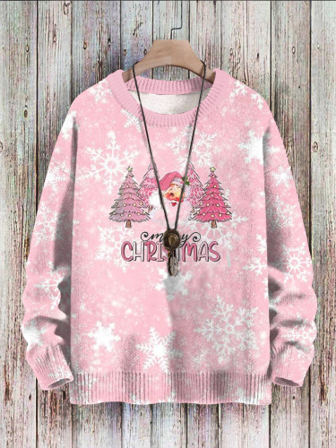 Pink Santa Claus Round Neck Pit Strip Knitted Sweatshirt