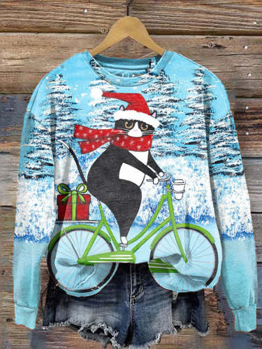 Women's Christmas Bicycle Cat Print Sweatshirt