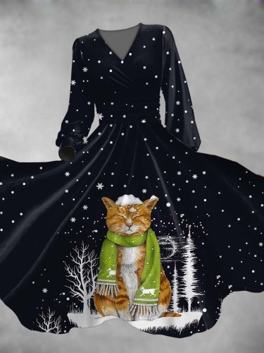 Women's Snowy Night Cat Print Long Sleeve Maxi Dress