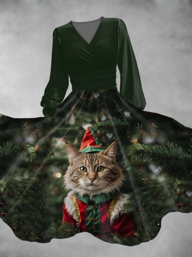 Women's Christmas Cat Print Lantern Sleeve Maxi Dress