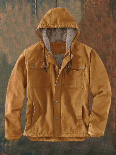 Men's Plush Solid Button Pocket Hooded Jacket