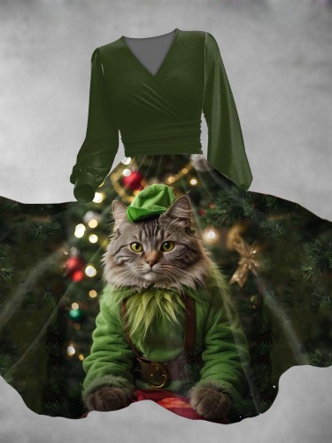 Women's Christmas Cat Lantern Sleeve Maxi Dress