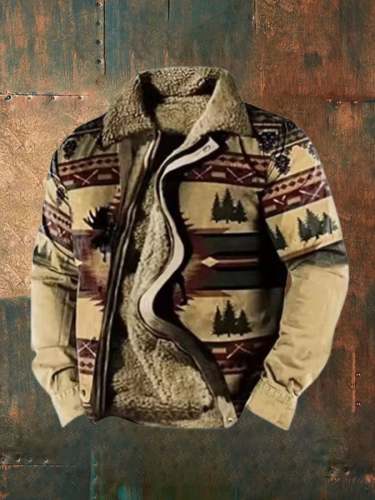 Men'S Retro Printed Casual Long Sleeve Fleece Jacket