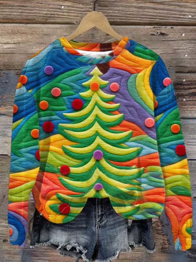 Women's Colorful Christmas Tree Casual Print Long Sleeve Sweatshirt