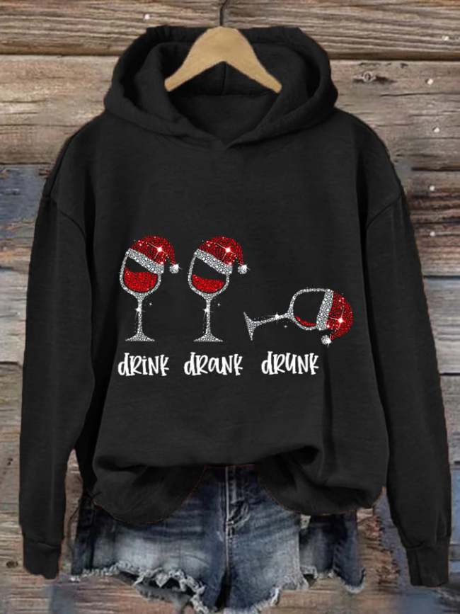 Women's Funny Christmas Drink Drank Drunk Red Wine Glass Casual Hoodie