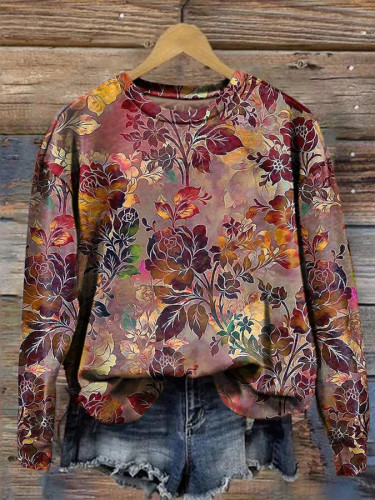 Retro Floral Print Crew Neck Casual Sweatshirt