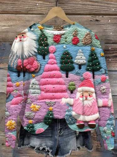 Women's Cute Santa And Xmas Tree Print Long Sleeve Sweatshirt